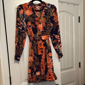 SHEIN Orange and Navy Floral Long Sleeve Dress